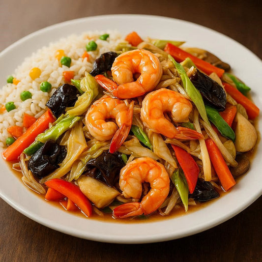 Gambas com Chop Suey e Arroz